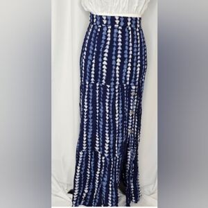 2/$50 Blue and White Broomstick Maxi Skirt With Side Slit With Concho Buttons